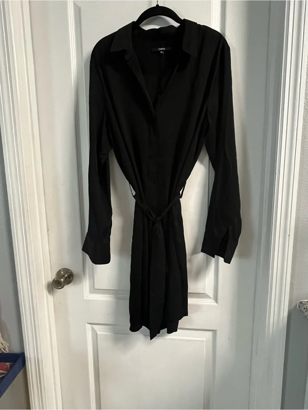 Quince Black Long Sleeve Shirt Dress with Waist Tie